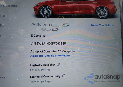 2015 Tesla Model S 70D/85D/P85D z USA, uszkodzony, nr VIN 5YJSA1H20FF093565